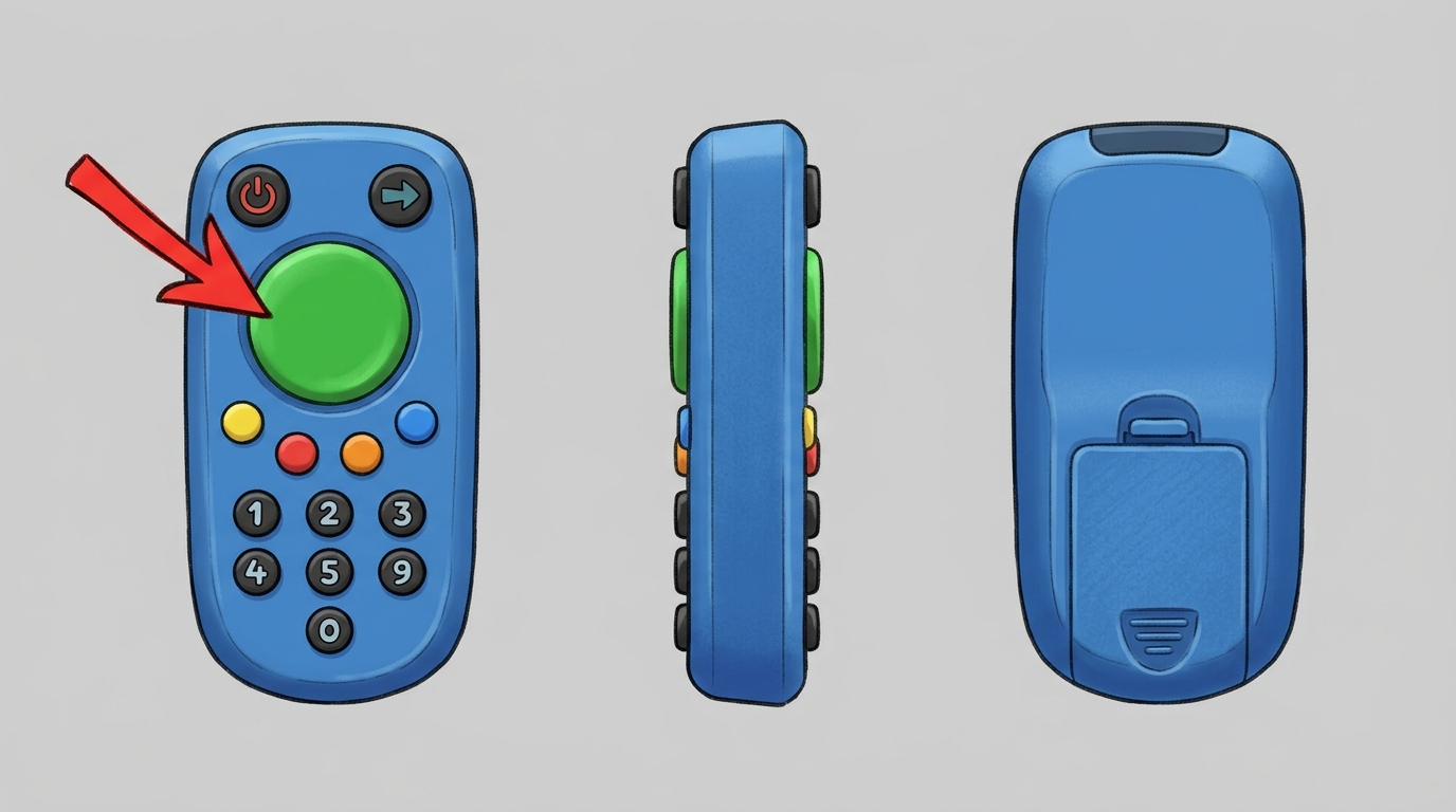 remote control reference sheet with a red arrow pointing at the green button